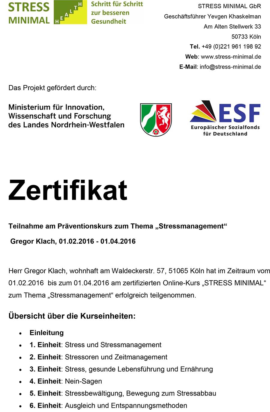 Stress Minimal Zertifikat Lebenslauf Stress Minimal